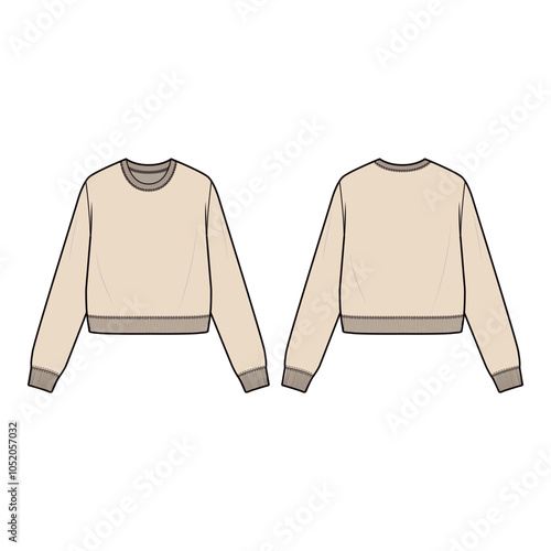 Front and back view technical flat of a crew neck sweatshirt with ribbed cuffs and waistband, presented in a minimalist outline style.

