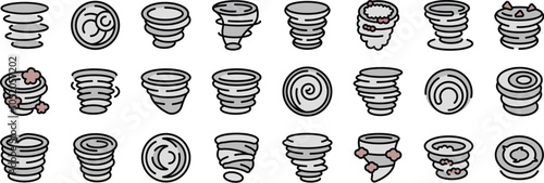 Different stylized tornado icons depicting swirling vortexes of wind, representing powerful and destructive weather phenomena