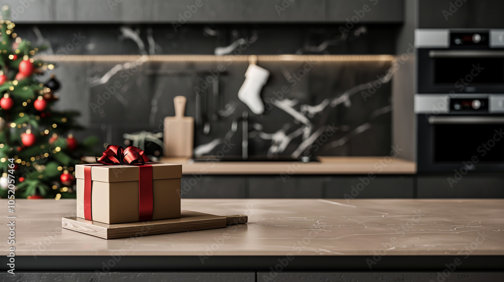 Christmas decorations and gifts in the kitchen.