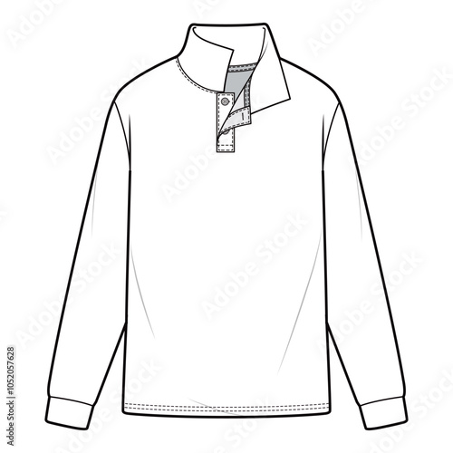 Front view technical flat of a long-sleeve high-collar shirt with open button placket and cuffed sleeves, shown in a minimalist outline style.
