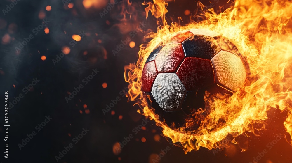 Fototapeta premium A soccer ball engulfed in flames against a dark background, representing passion and intensity.
