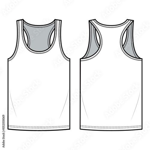 Front and back view technical flat of a racerback tank top with scoop neck, shown in a minimalist outline style.
