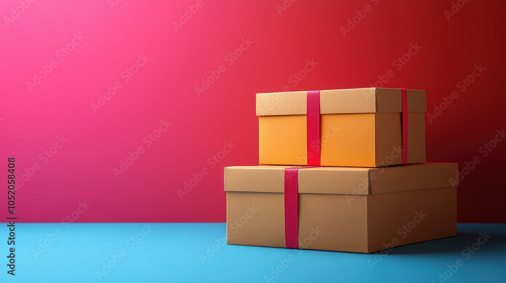 Obraz premium Stylish gift boxes in vibrant colors, stacked on bright blue surface against bold red and pink background, create cheerful and inviting atmosphere