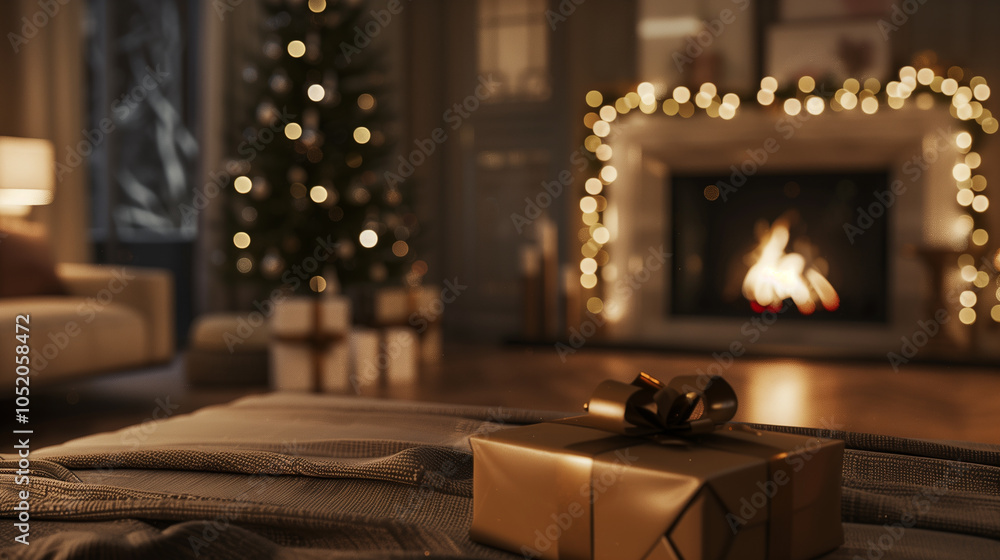 Christmas decorations and gifts in the bedroom or living room with fireplace.