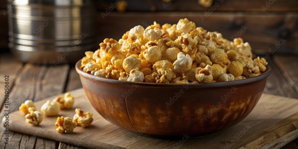 A close-up view of a bowl of caramel popcorn, with some popcorn scattered on a wooden cutting board, against a blurry background. A close-up view of a bowl of caramel popcorn, with some popcorn scattered on a wooden cutting board, against a blurry background.