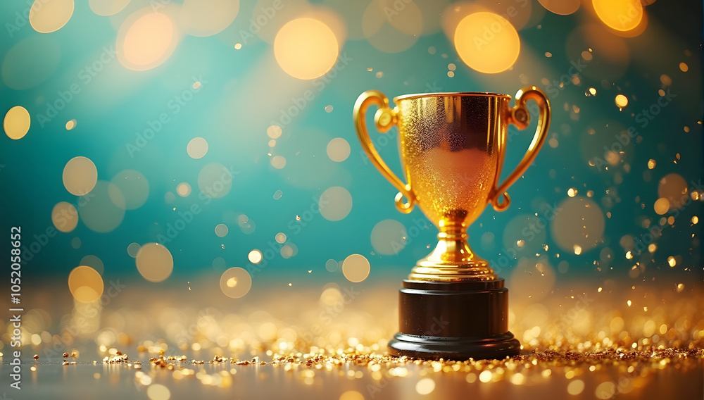 A gleaming gold winners trophy cup takes center stage, surrounded by a festive explosion of colorful celebration confetti and sparkling glitter A gleaming gold winners trophy cup takes center stage, surrounded by a festive explosion of colorful celebration confetti and sparkling glitter