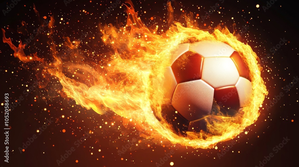 Fototapeta premium A soccer ball engulfed in flames on a dark background with sparks.
