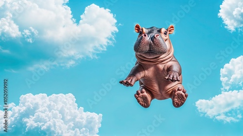 Funny hippo floating through bright blue sky with fluffy clouds, humorous surreal animal scene

