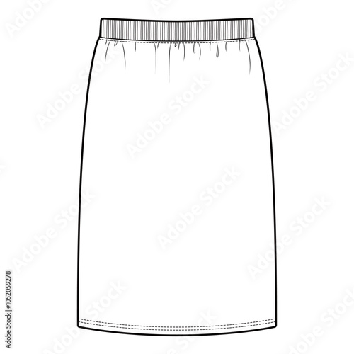 Front view technical flat of a knee-length skirt with an elastic waistband, shown in a minimalist outline style.

