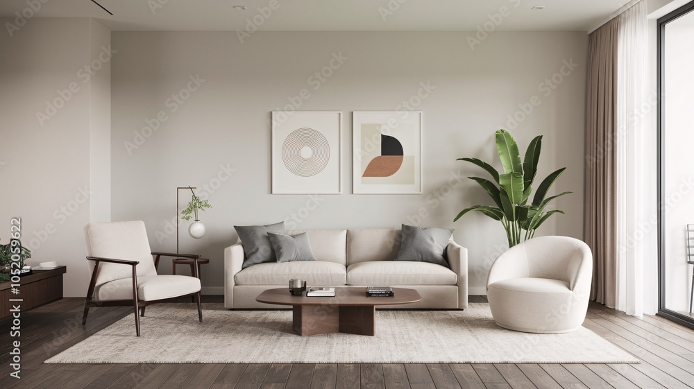 Modern Minimalist Living Room with Beige Sofa, Stylish Armchairs, and Wall Art Modern Minimalist Living Room with Beige Sofa, Stylish Armchairs, and Wall Art