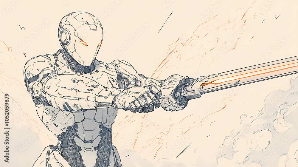 Fototapeta premium A detailed line drawing of a futuristic robotic warrior wielding a sword. Robotic Warriors. Illustration