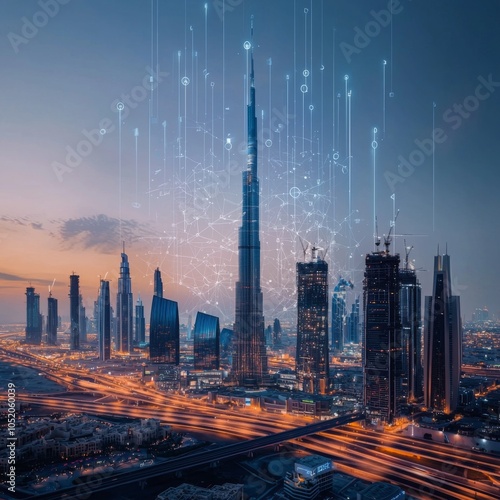 A digital world map overlay on a city skyline, representing global digital transformation