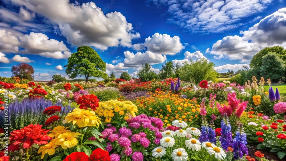 A blooming garden with vibrant flowers in various colors, set against a bright and clear blue sky with fluffy white clouds and a few green trees in the background, blooming, blue sky, garden A blooming garden with vibrant flowers in various colors, set against a bright and clear blue sky with fluffy white clouds and a few green trees in the background, blooming, blue sky, garden