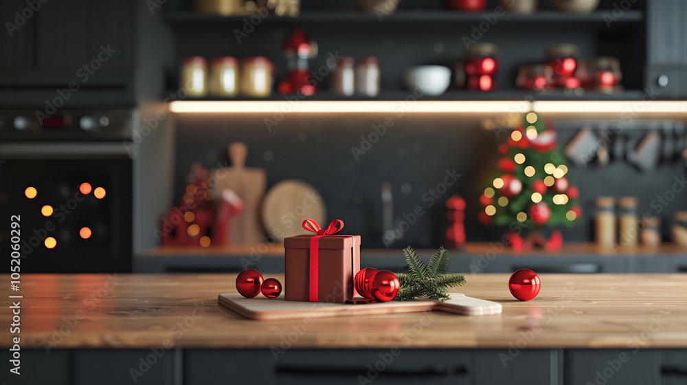 Christmas decorations and gifts in the kitchen.
