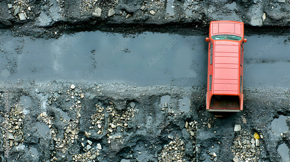 Red Pothole Red Van on a Damaged Road, potholes, road repairs, construction ...