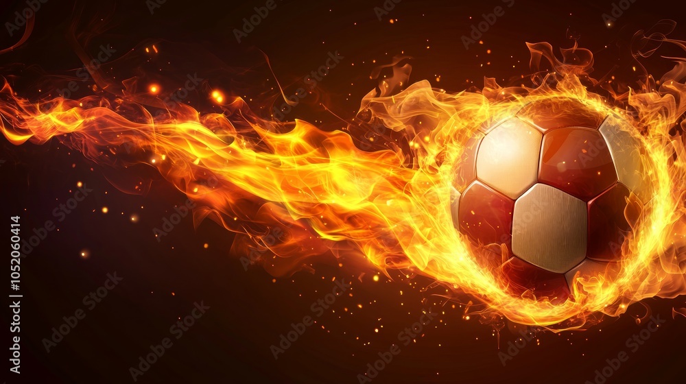 Naklejka premium A soccer ball engulfed in flames with fire trailing behind it against a dark background.