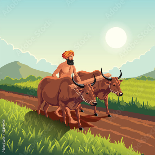 Indian Farmer with Bullocks Working in Farm