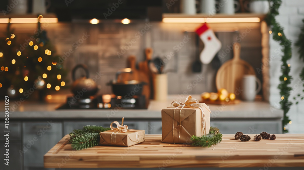 Christmas decorations and gifts in the kitchen.