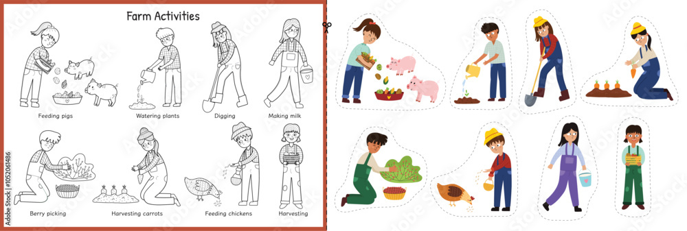 Cut and glue game with cute kids making different farm activities. Matching educational activity page for kids. Game for school and preschool. Vector illustration Cut and glue game with cute kids making different farm activities. Matching educational activity page for kids. Game for school and preschool. Vector illustration