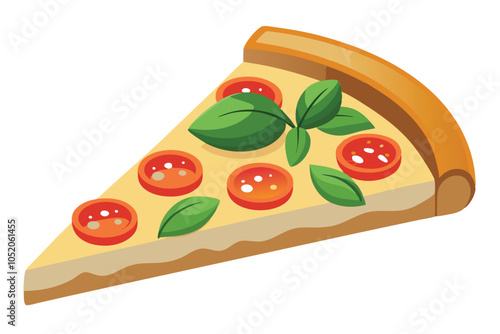 Margherita Pizza Slice Icon – Vegetarian Slice with Tomatoes, Mozzarella, and Basil on White Background.