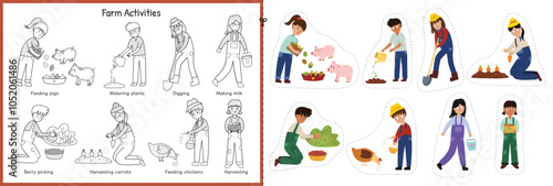 Cut and glue game with cute kids making different farm activities. Matching educational activity page for kids. Game for school and preschool. Vector illustration