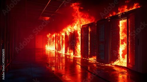 Server Room Fire - 3D Illus...