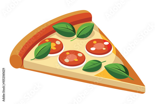 Margherita Pizza Slice Icon – Vegetarian Slice with Tomatoes, Mozzarella, and Basil on White Background.