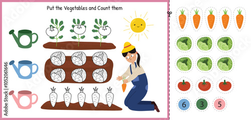 Cut and glue game with a cute girl farmer and vegetables. Match the vegetables and count them educational activity page for kids. Game for school and preschool. Vector illustration