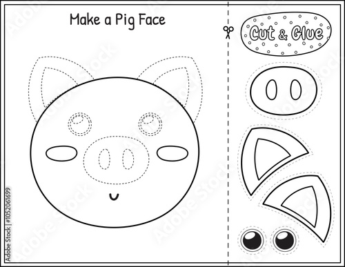 Make a pig face funny game in black and white for kids.  Cut and glue educational activity page in outline. Matching game with farm character. Vector illustration