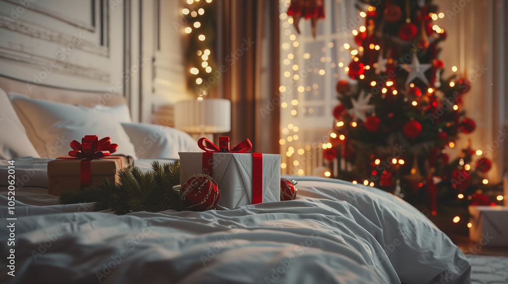 Christmas decorations and gifts in the bedroom or living room.