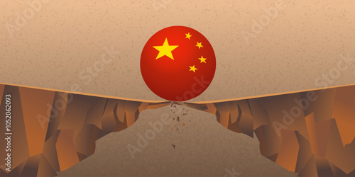 China's flag ball roll off a cliff concept Banking System, financial, Real Estate crisis developed from property sector bankrupt, slump, stock market decline in China Asia	