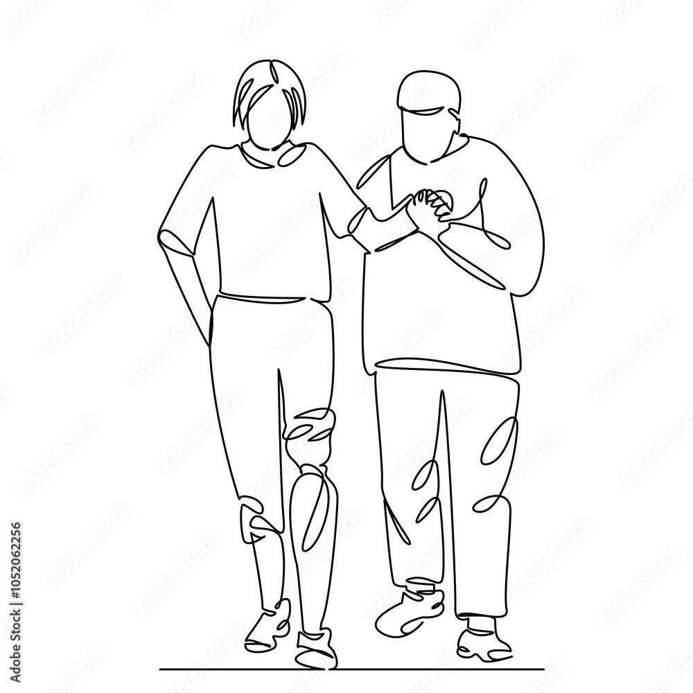 One continuous single drawing line art flat doodle people, assistance, disability, recovery, adult, healthcare and medicine, adults only, physical therapy, white people. Isolated image hand draw conto One continuous single drawing line art flat doodle people, assistance, disability, recovery, adult, healthcare and medicine, adults only, physical therapy, white people. Isolated image hand draw conto