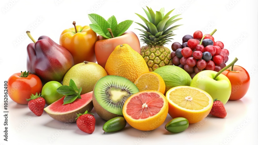 Vibrant arrangement of various fruits and vegetables promotes a healthy lifestyle and balanced diet Vibrant arrangement of various fruits and vegetables promotes a healthy lifestyle and balanced diet