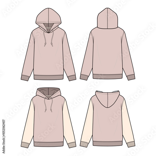 Set of hoodies in solid and color-block designs, shown in various color combinations with ribbed cuffs, waistband, and drawstring hood, illustrated in front and back views.
