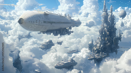 A floating city in the clouds, with airships docking at sky-high platforms and clouds serving as roads, futuristic, whimsical, high-altitude, detailed. Floating Airship. Illustration photo