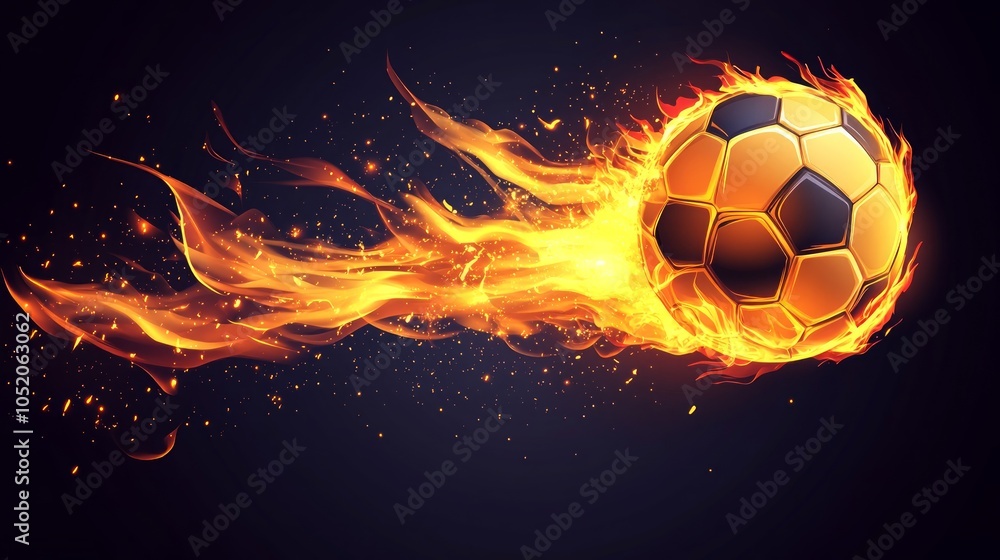 Fototapeta premium A soccer ball engulfed in flames, flying through the air.