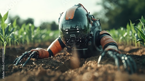 An advanced robotic figure meticulously tending to soil in a field, illustrating the intersection of technology and agriculture for enhanced efficiency. photo