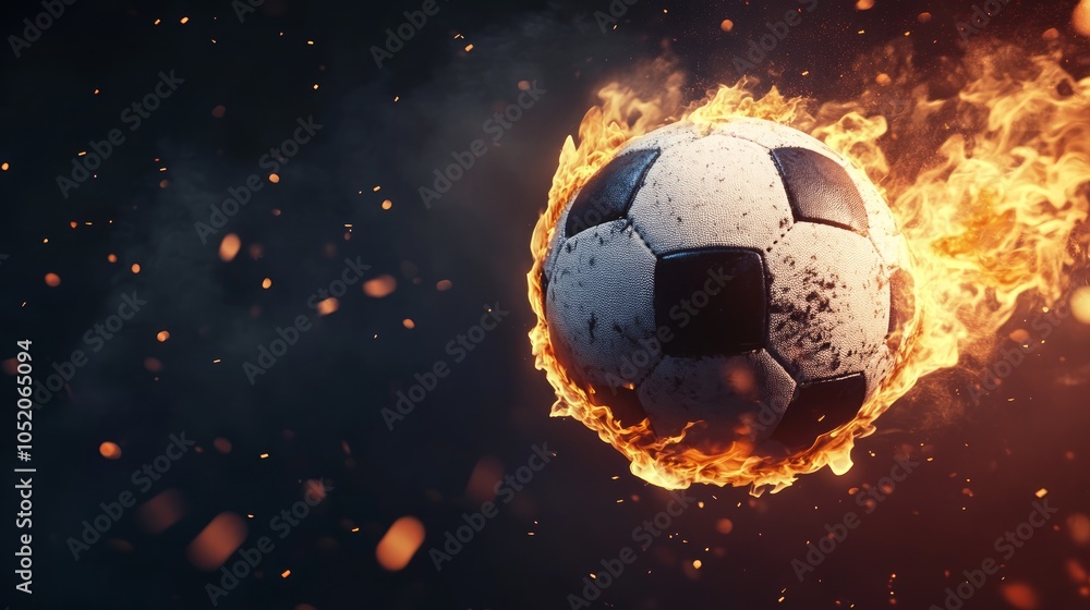 Fototapeta premium A soccer ball is engulfed in flames, symbolizing passion and excitement for the sport.