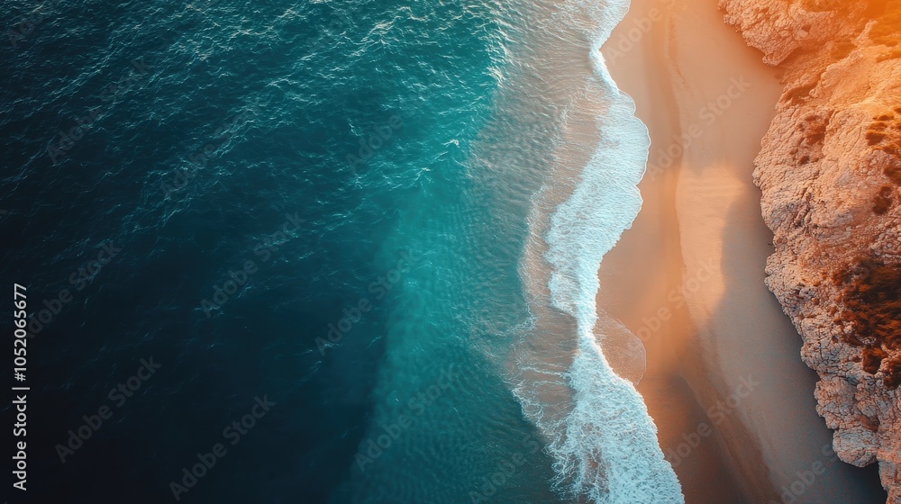 Aerial View of Waves and Sandy Beach at Sunset Aerial View of Waves and Sandy Beach at Sunset