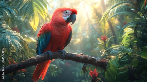 Wallpaper Mural Scarlet Macaw Perched on a Branch in a Lush Tropical Rainforest Torontodigital.ca