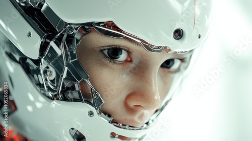 Intricate design of a humanoid robot's face with expressive eyes, showcasing advanced robotics and human-like expressions in a sleek futuristic style. photo