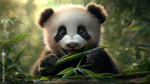 Cute Panda Cub Eating Bambo...