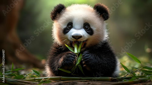 Cute Panda Cub Eating Bambo...