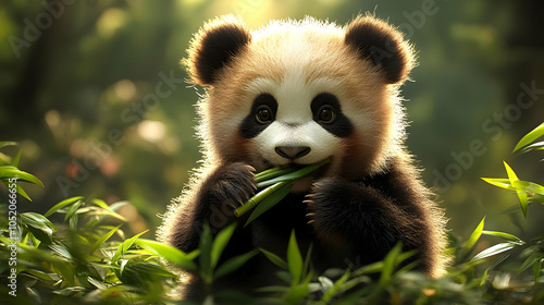 Cute Panda Eating Bamboo Il...