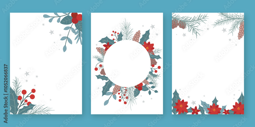 Christmas and New Year greeting posters set. Cozy winter cards with fir ...