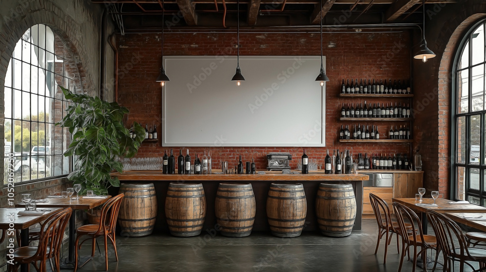 rustic restaurant interior, weathered red brick walls, large white-framed blank menu board, rustic restaurant interior, weathered red brick walls, large white-framed blank menu board,