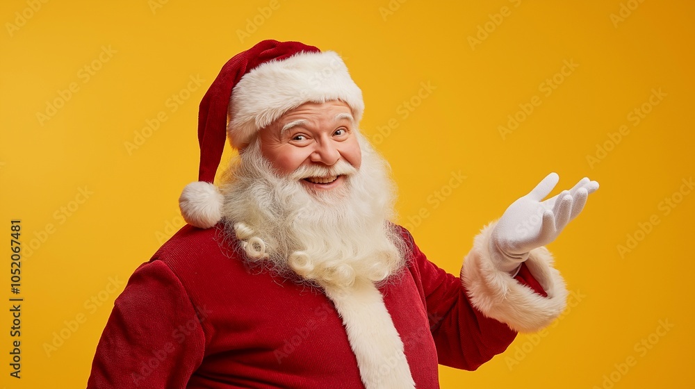 Cheerful Santa Claus, dressed in a traditional red suit, stands against a bright yellow background, gesturing with his hand toward the copy space. Merry Christmas and Happy New Year holiday. Cheerful Santa Claus, dressed in a traditional red suit, stands against a bright yellow background, gesturing with his hand toward the copy space. Merry Christmas and Happy New Year holiday.