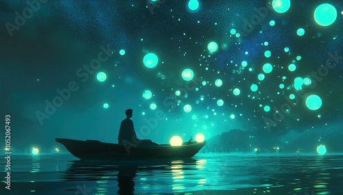 Man in boat under glowing surreal lights
