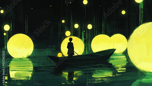 Man in boat under glowing surreal lights
