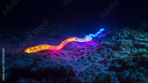 Glowing marine organism in dark ocean depth photo